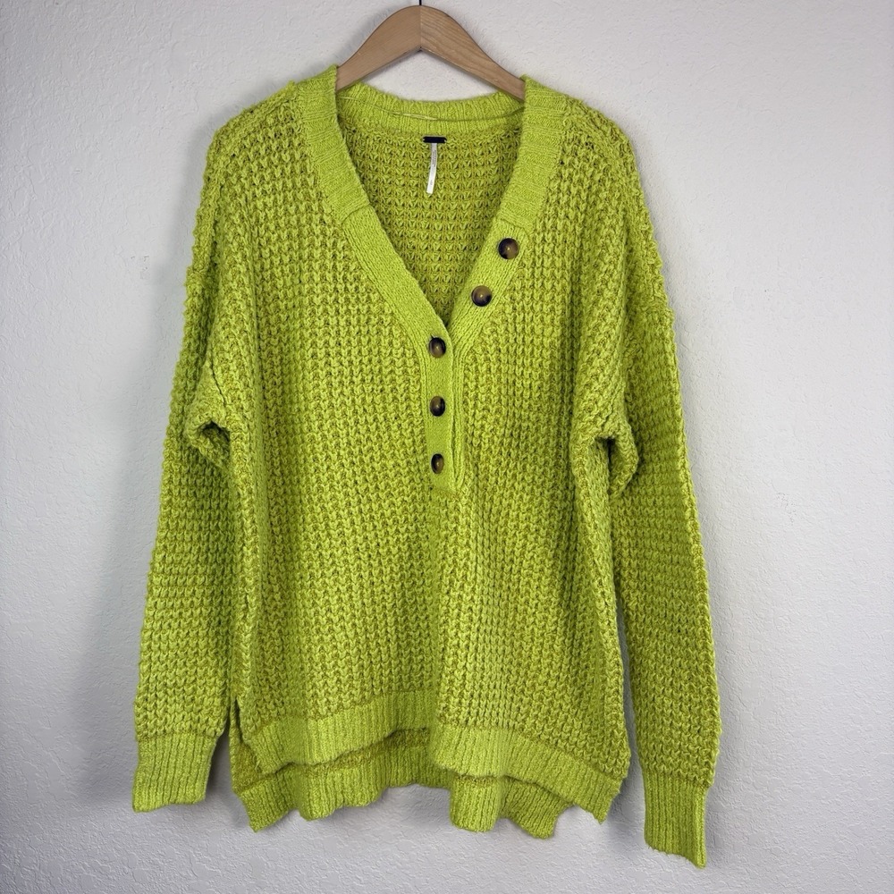 Free People L Whistle Thermal Sweater Lime Green Henley Slouchy Waffle Knit Boho - Picture 4 of 9